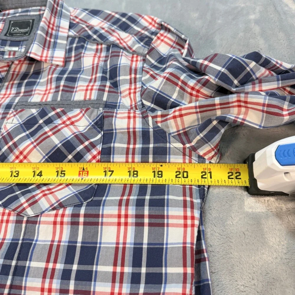7 Diamonds Plaid Button Down Shirt Men's Large Red Blue White Long Sleeve Casual